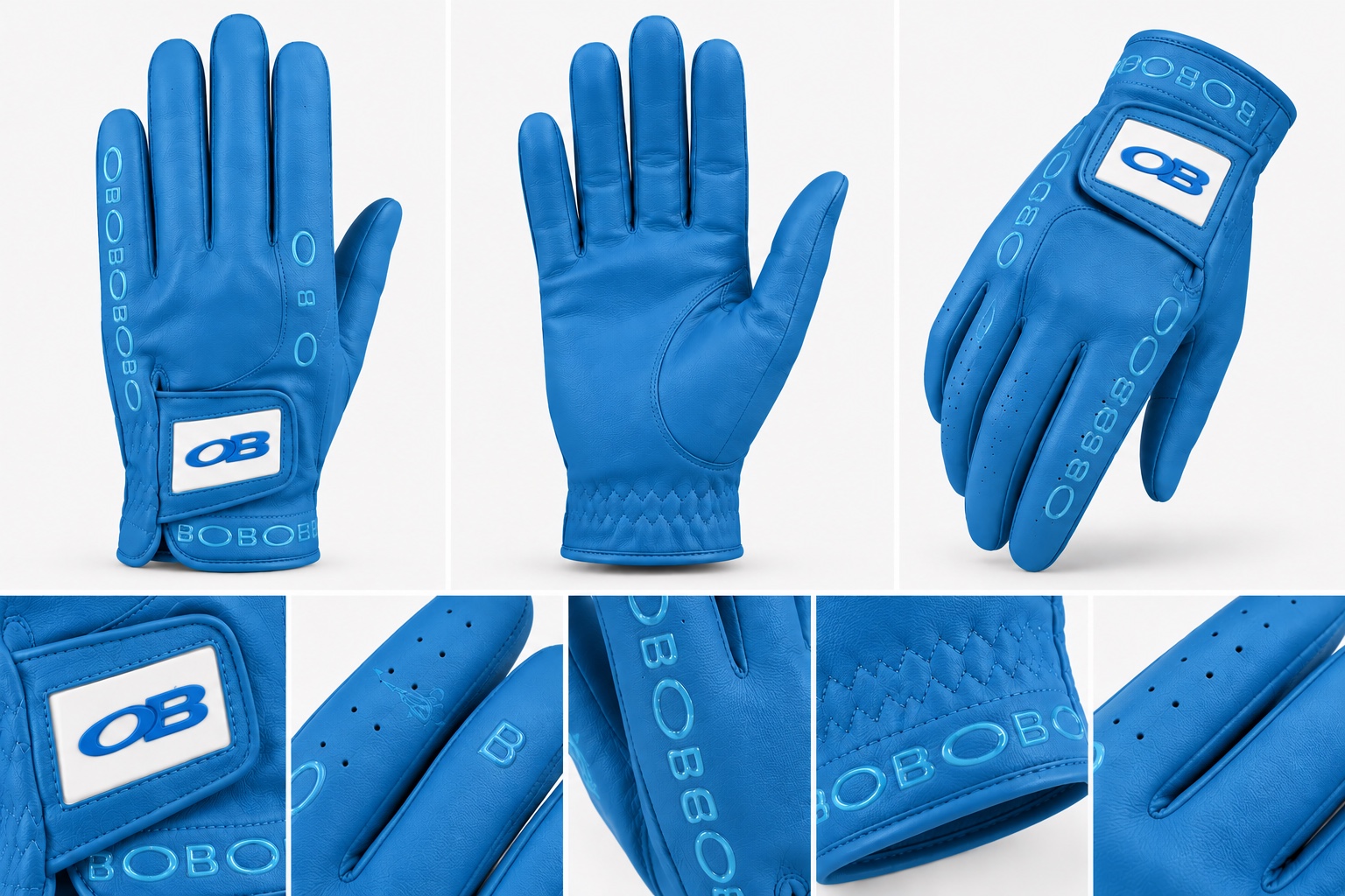 Blue OB glove front, palm, and detailed construction